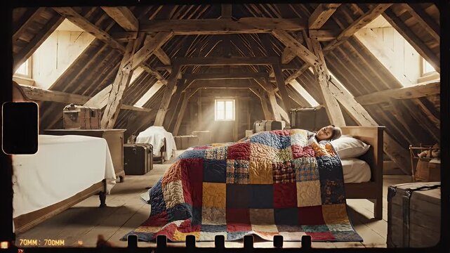 Peaceful Person Sleeping Under A Colorful Patchwork Quilt In A Rustic Attic With Sunlight Streaming Through Windows