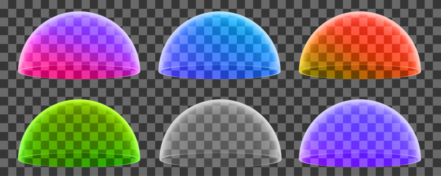 3d set neon glass transparent dome, half sphere. Holographic protect shield. Stock vector illustration on isolated background.
