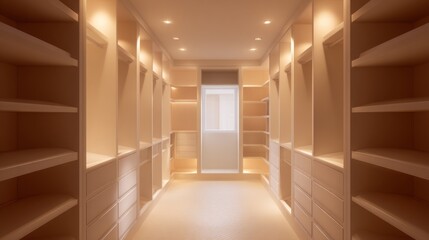Fototapeta premium Luxury beige walk in closet interior with warm lighting