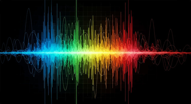 Vibrant spectrum of sound waves displayed against a dark, textured background