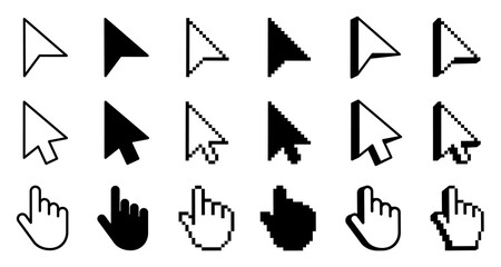 Fototapeta premium Mouse click cursor icon set. Cursor set in hand and arrow forms. Pixel cursor icon