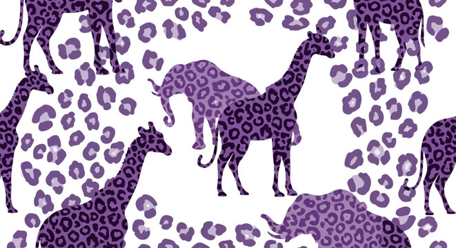 African safari animals with purple leopard print pattern