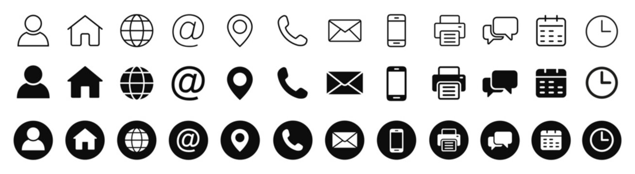 Contact us icon set, containing information name, website, location, address, telephone, mail and more, calender time icons