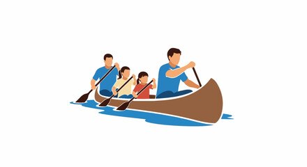 Obraz premium A family of four enjoys a canoeing adventure on the water, paddling together