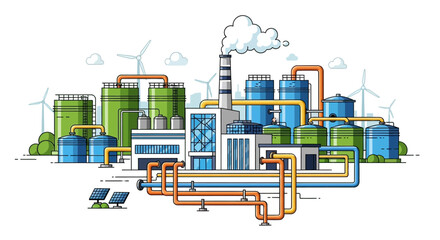 Fototapeta premium Sustainable energy production with a modern industrial complex featuring solar panels and wind turbines