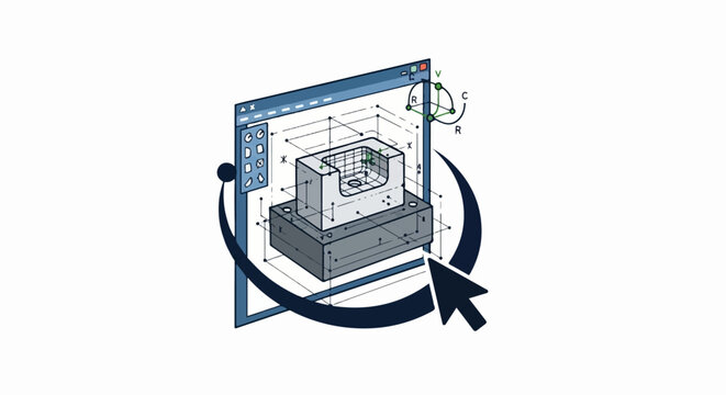 Computer-aided design interface showing 3D model of mechanical part with blueprints and cursor