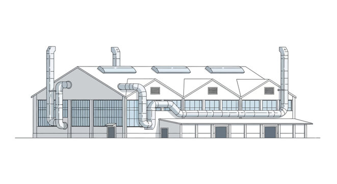 Exterior view of a modern industrial building with large windows and a pitched roof, featuring ventilation pipes and loading docks for commercial operations