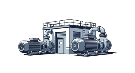 Obraz premium Illustration of industrial water pumps and related machinery with a building structure in the background