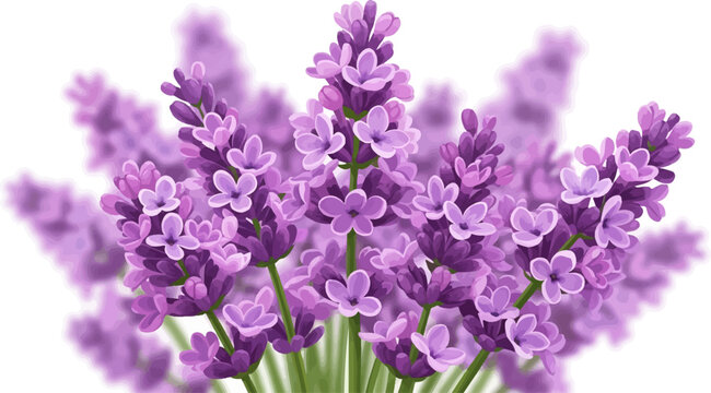 A vibrant cluster of purple lavender flowers with green stems and a soft bokeh background