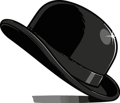 A classic black bowler hat with a shiny band and a subtle shadow