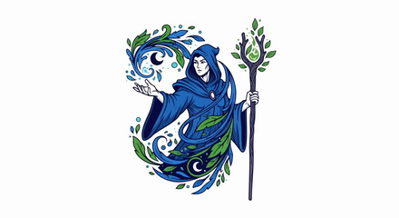 Fototapeta premium Mystical figure in blue robe conjures nature with staff