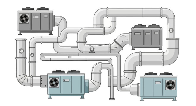 Industrial HVAC system illustration with multiple air handling units and ductwork, representing climate control and ventilation in a building
