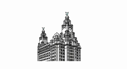 Fototapeta premium A stylized line drawing of a grand, imposing building with multiple towers and a clock