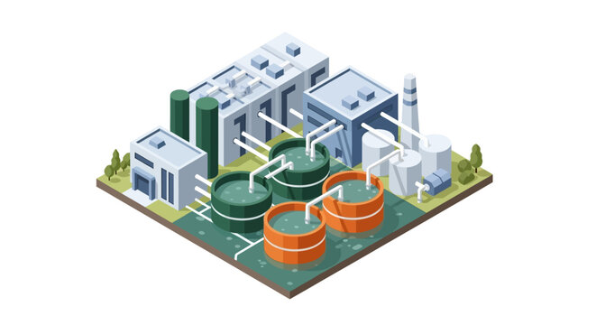 Industrial water treatment plant with aeration tanks and processing equipment for purification
