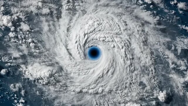 A powerful hurricane swirls with a clear, dark eye over the ocean. This dramatic aerial view captures the immense scale of a tropical storm.