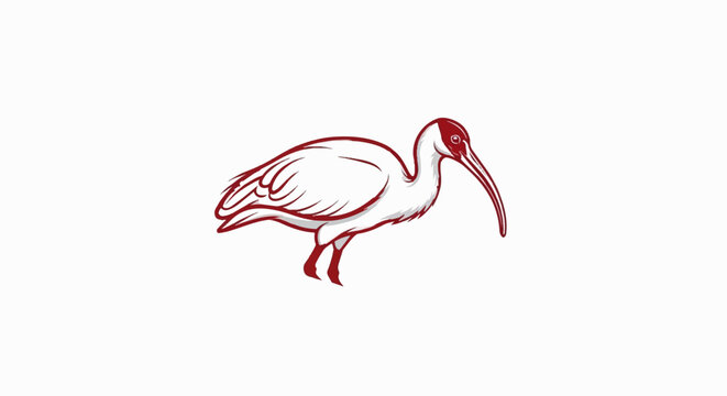A stylized ibis bird in white and red, with a long curved beak, stands on thin legs