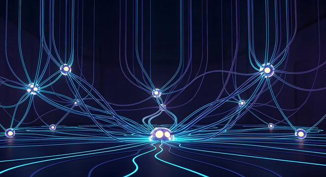 Abstract artificial intelligence neural network with glowing blue data connections and nodes, futuristic digital transmission concept