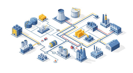 Obraz premium Industrial factory complex with interconnected buildings and pipelines illustrating a production network