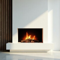 Intense fire in minimalist fireplace, clean lines, bright light , home decor, cozy