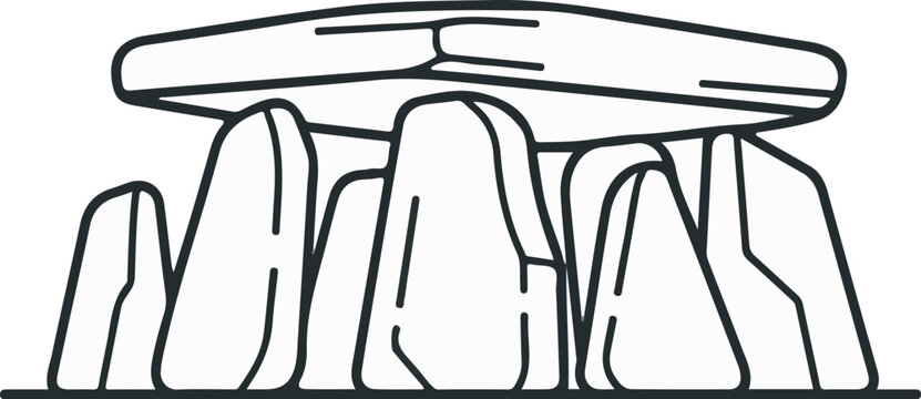 Stylized illustration of a prehistoric stone monument with upright stones supporting a capstone