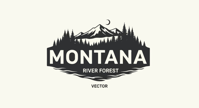 A vintage graphic featuring majestic mountains, a dense forest, and a crescent moon above