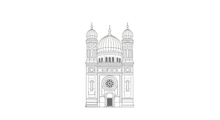 Fototapeta premium An intricate line drawing depicts a grand building with a central dome and two flanking towers, adorned with decorative arches and a rose window