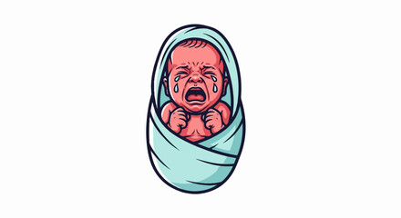 Fototapeta premium A distressed infant cries intensely, wrapped securely in a light blue swaddling blanket, with tear drops visible