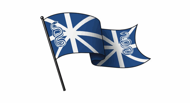 Waving blue and white flag with coiled snake symbol on flagpole