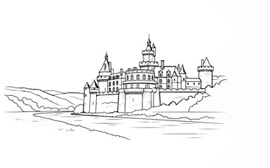 Fototapeta premium Ornate, multi-turreted castle perched on a rocky hill overlooking a winding river and rolling countryside