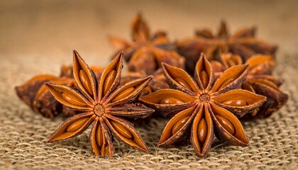 Close-up of Star Anise Spice Pods on Burlap Background.