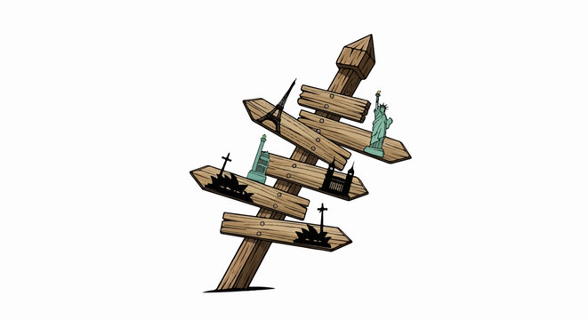 A leaning wooden signpost with iconic landmarks from various global cities