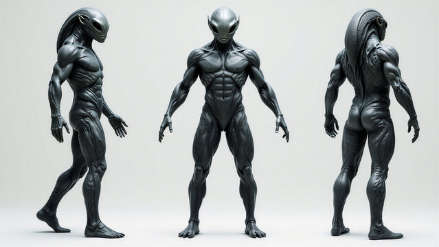 render of a realistic humanoid alien character shown in multiple views, including front, side, and back. Athletic extraterrestrial creature with dark grey textured skin, detailed musculature.