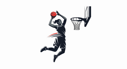 Naklejka premium Female athlete leaps to dunk a basketball towards a hoop