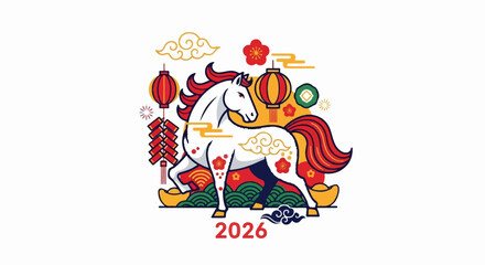 Festive white horse adorned with floral motifs, surrounded by lanterns, firecrackers, and gold ingots