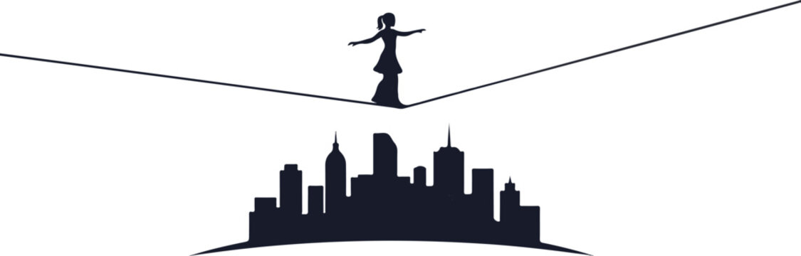 Silhouette of a person balancing on a tightrope above a city skyline