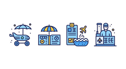 Fototapeta premium Colorful travel icons depicting vacation elements like planes and beaches
