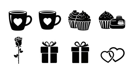 Black and white icons depicting love sweets and gifts