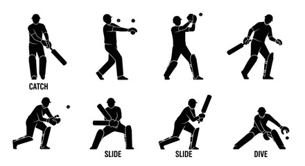 Silhouettes depicting various cricket actions batting bowling fielding and catching