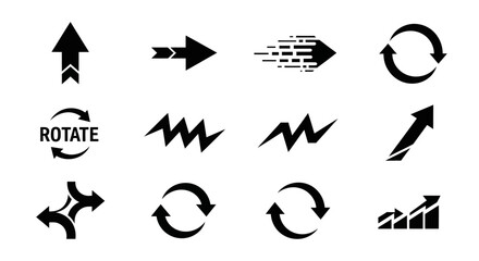 Collection of black arrow and circular rotation icons on a white background
