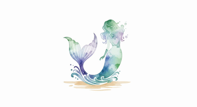 Watercolor mermaid with flowing hair and a scaled tail emerges from wavy waters onto sandy shores