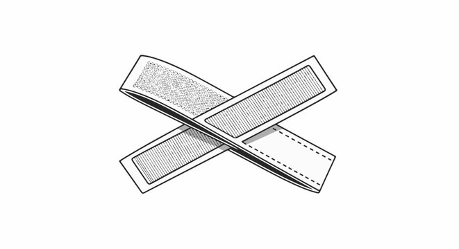 Two crossed strips of hook and loop fastener, one with loops, the other with hooks