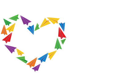 Colorful paper airplanes forming a heart shape on a white background