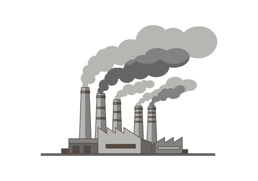 Industrial factory with smoke billowing from chimneys, illustrating pollution and environmental impact