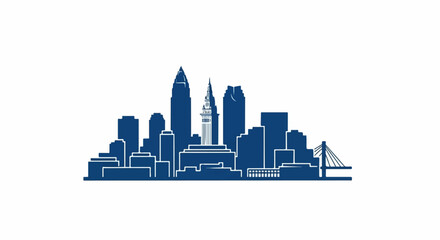 Fototapeta premium A stylized blue silhouette of a city skyline with various buildings and a bridge