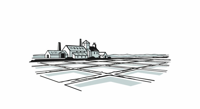 Minimalist ink drawing of a saltworks with square evaporation ponds