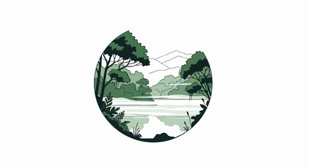 Verdant forest scene with a tranquil lake, framed by trees and distant mountains