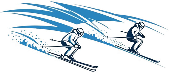 Two skiers descend a snowy slope, kicking up powder as they go