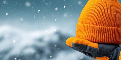 Reflective Winter Gear concept. Warm hat held in hand against a snowy background.