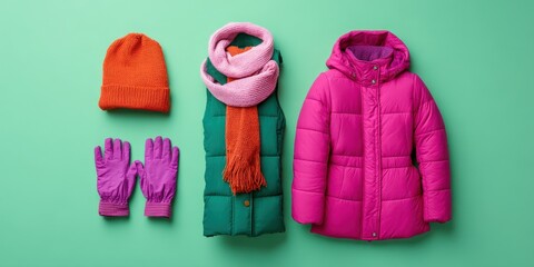 Reflective Winter Gear concept. Colorful winter clothing arranged on a mint green background.