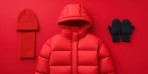 Reflective Winter Gear concept. Bright red winter coat, hat, and gloves on a matching background.